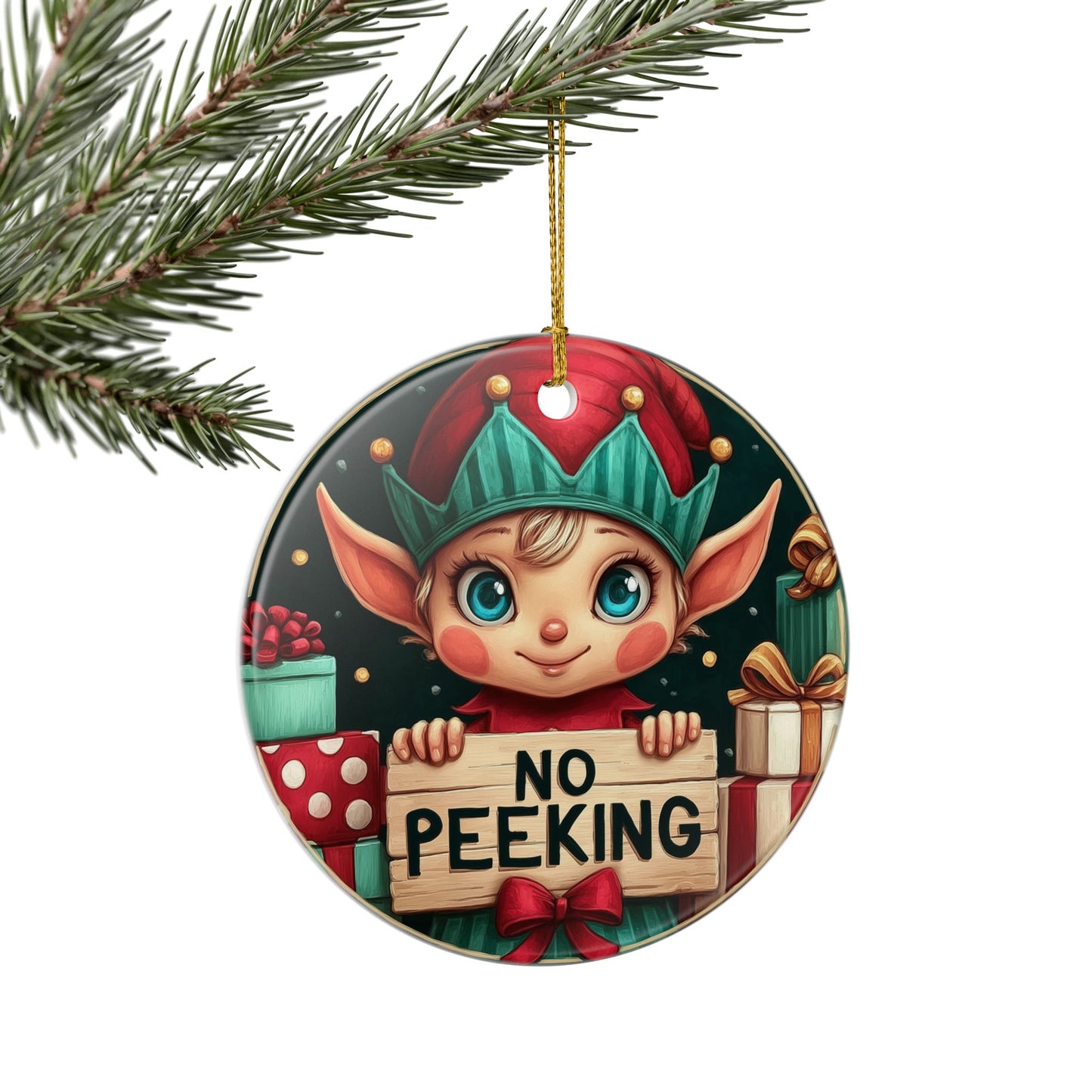 No Peeking Elf Ceramic Christmas Ornament