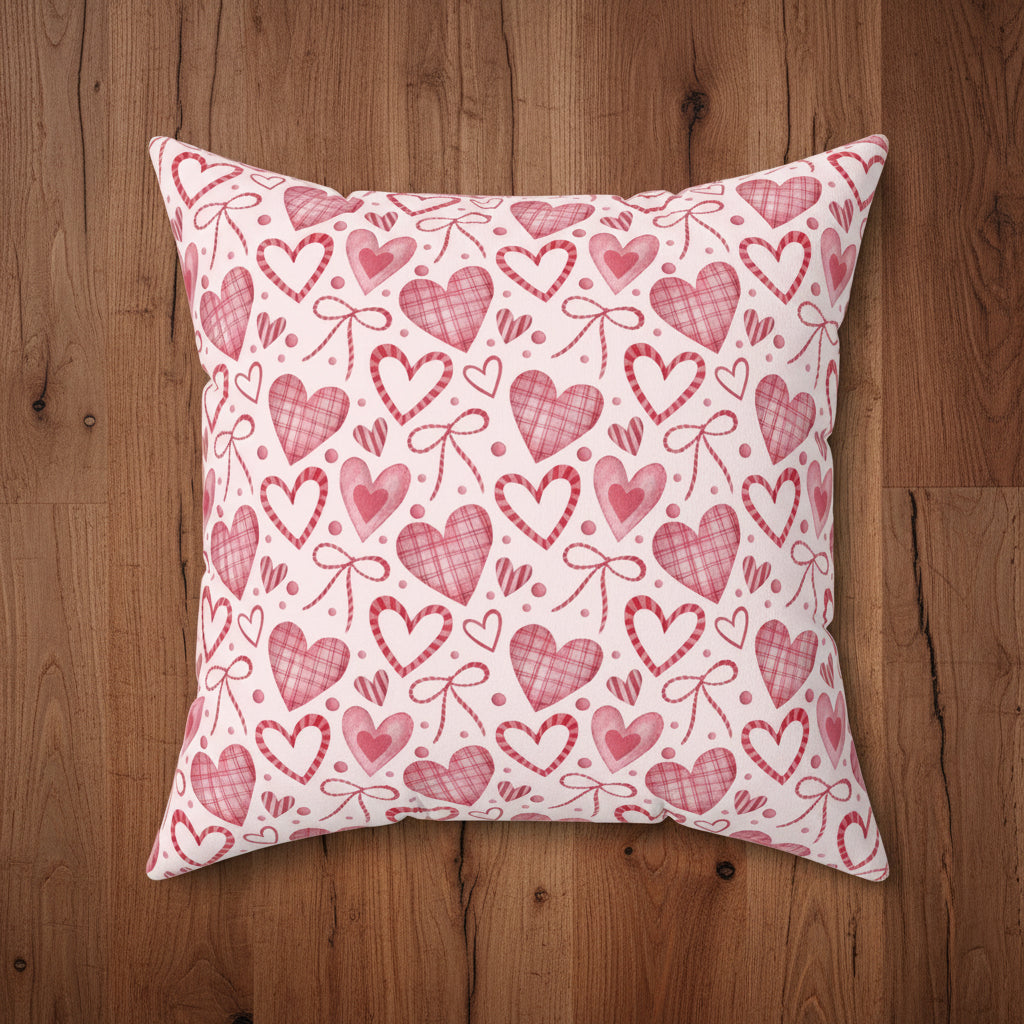 Pink Hearts & Ribbons Faux Suede Pillow
