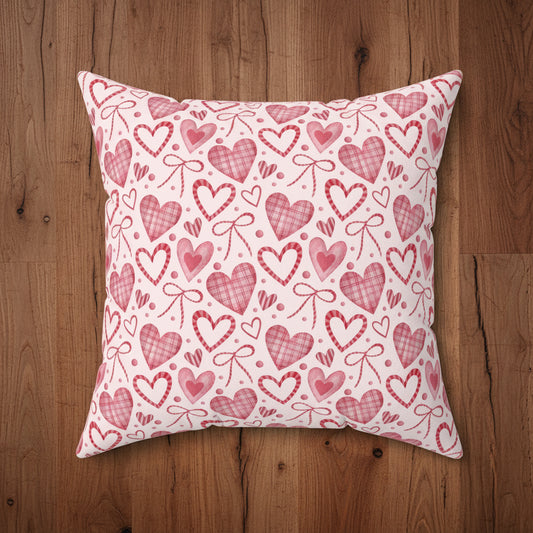 Pink Hearts & Ribbons Faux Suede Pillow