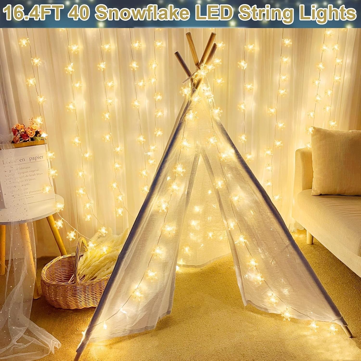 Snowflake LED String Lights – 16.4 Ft, 8 Modes with Remote & Timer