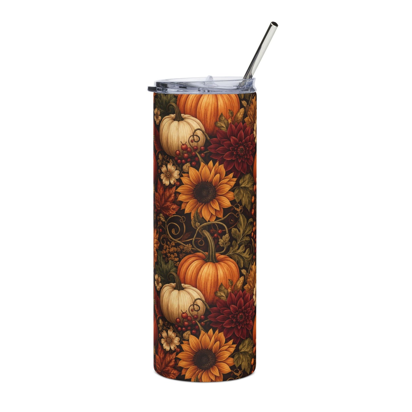 Pumpkin Harvest 20oz Stainless Steel Tumbler — Fall Sunflower Autumn Leaves Design