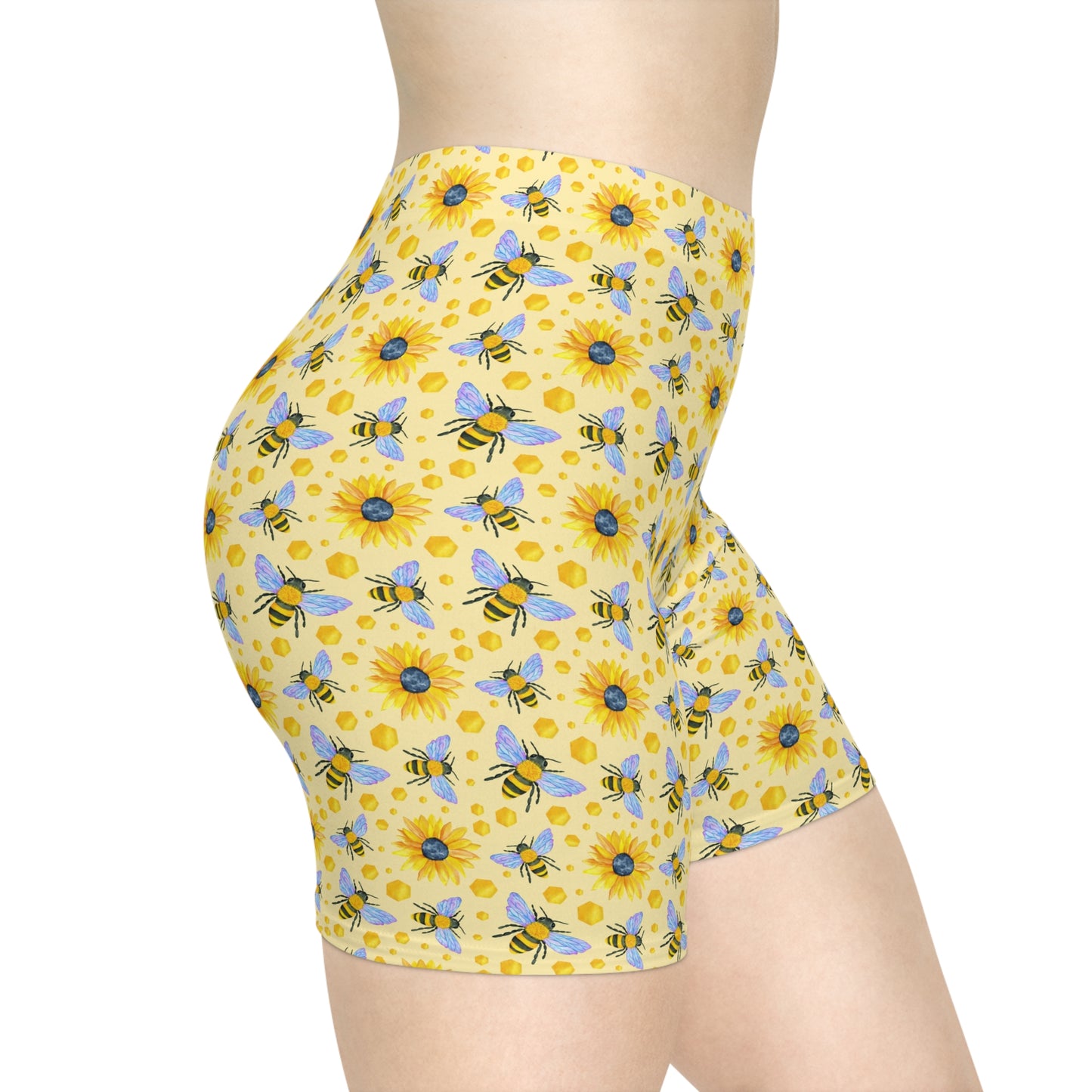 Sunflowers and Bees Biker Shorts | Floral Yellow All-Over Print for Women