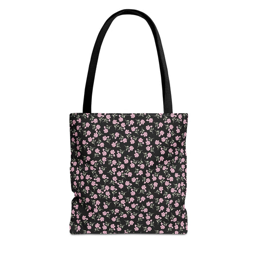 Pink Floral Black Tote Bag