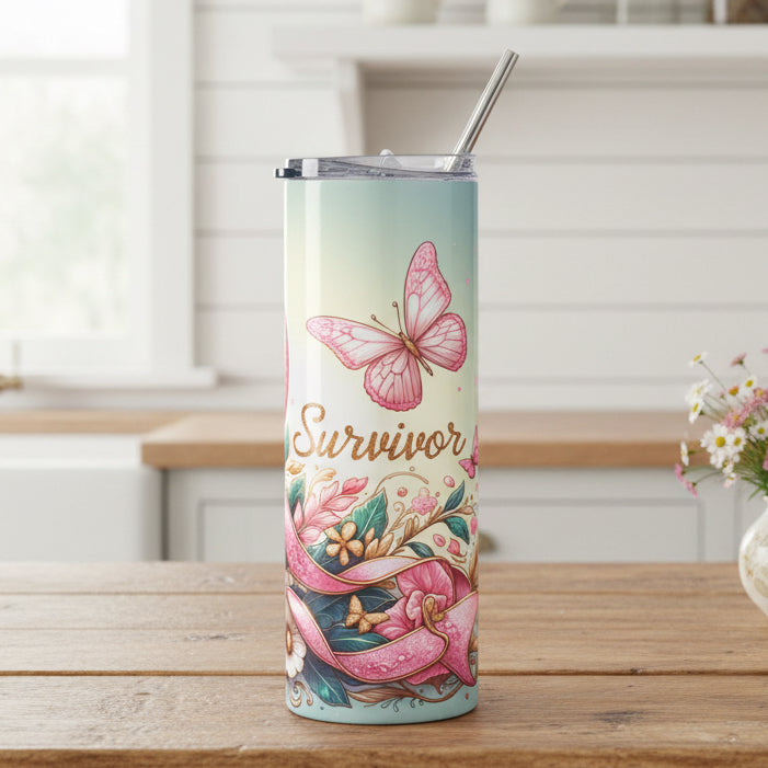 Floral Butterfly Breast Cancer Survivor 20oz Stainless Steel Tumbler