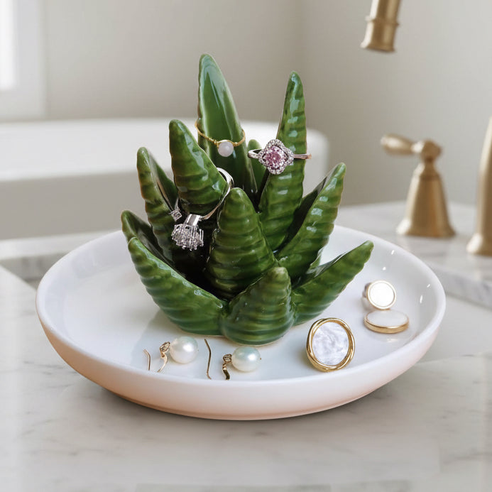Aloe Ring Holder,Cactus Ring Dish,Jewelry Holder Trinket Tray for Rings Earrings Necklace Organizer,Bridesmaid Christmas Birthday Gift for Women Girls