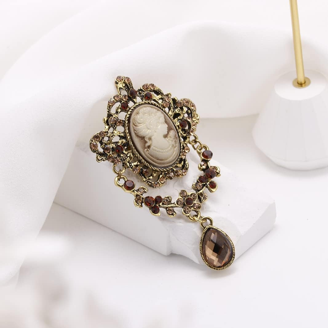 Vintage Elegant Victorian Lady Beauty Cameo with Crystal Brooch Pin (Br000017)