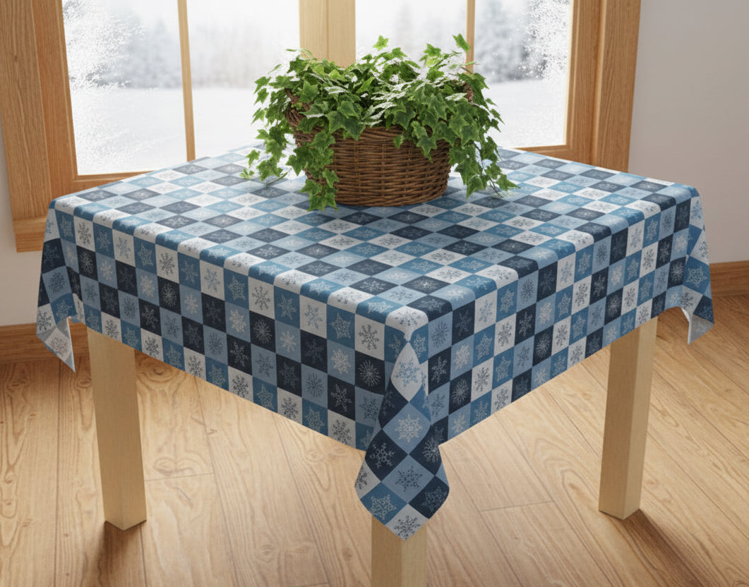 Blue Checkered Snowflake Tablecloth