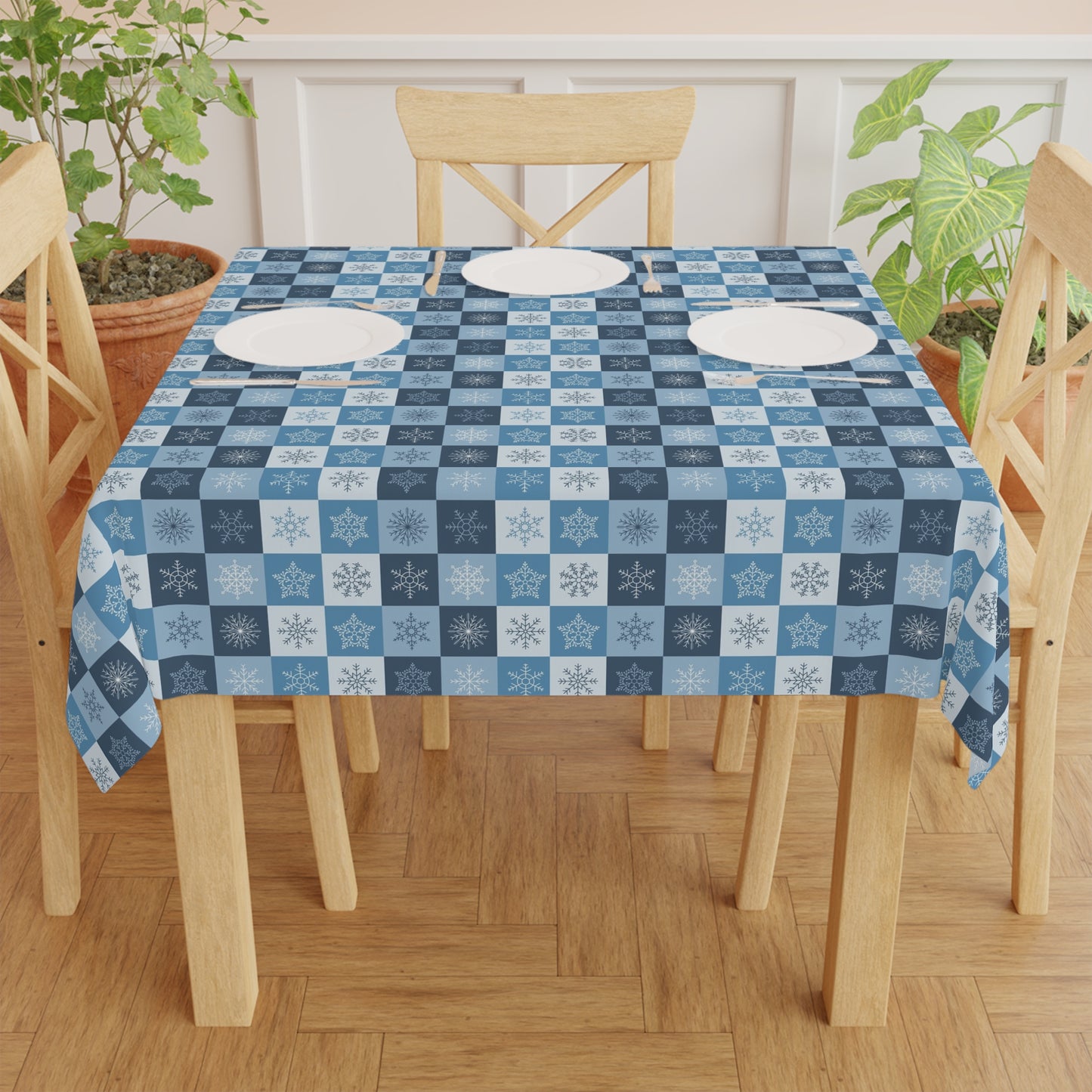 Blue Checkered Snowflake Tablecloth