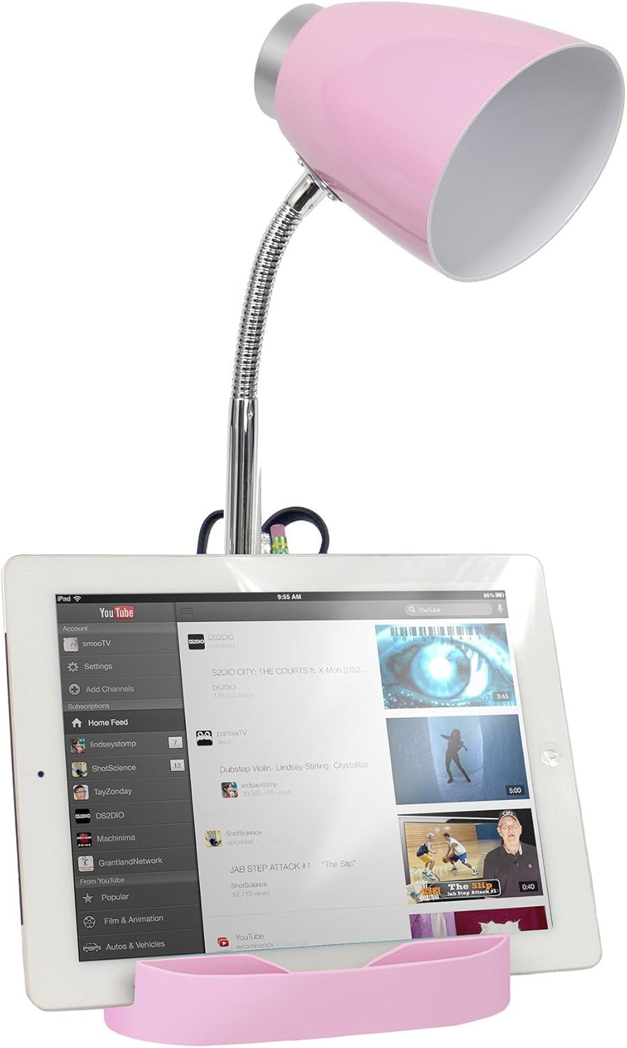 LD1002-PNK Gooseneck Organizer Desk Lamp with Ipad Tablet Stand Book Holder, Pink