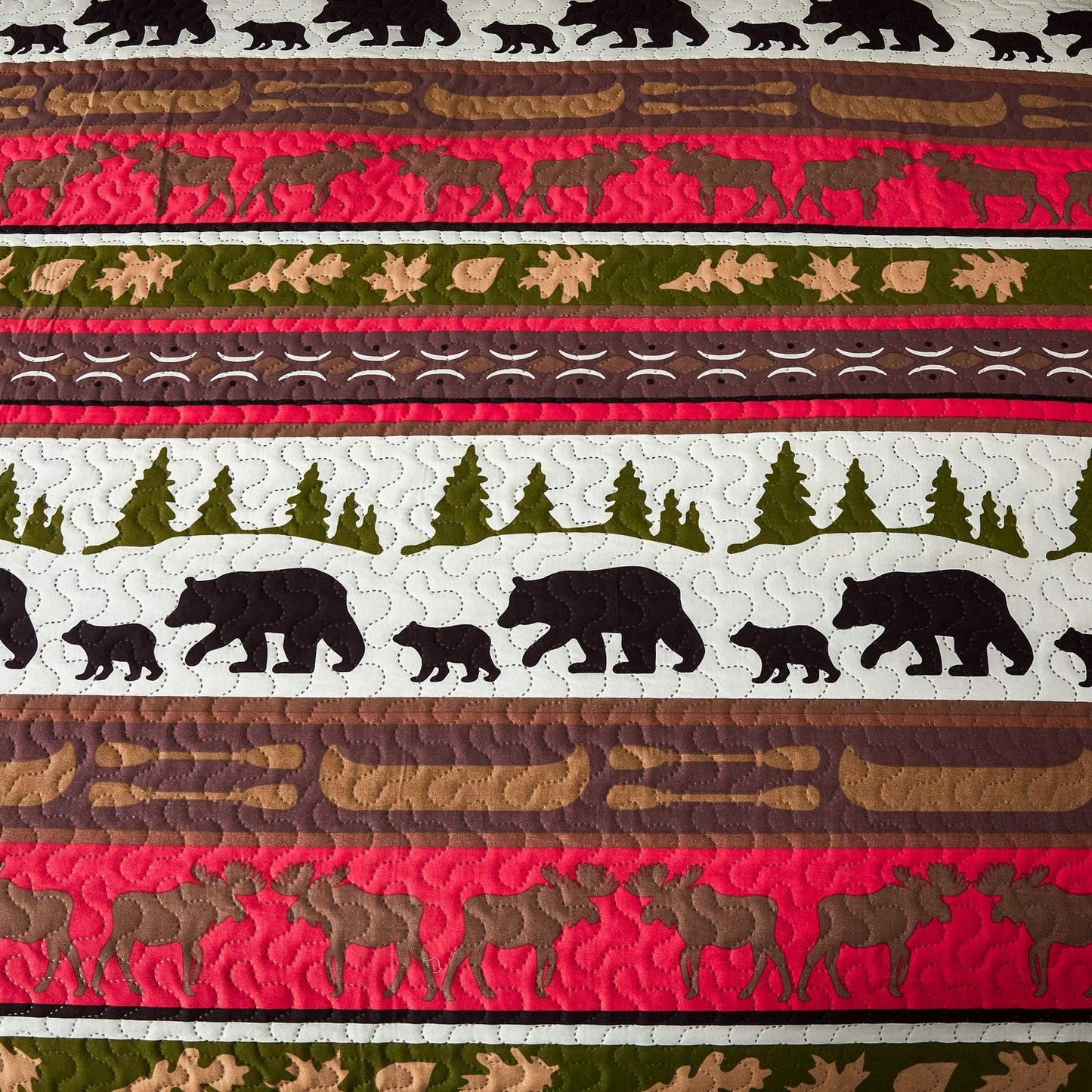 Lodge Quilt Set Full/Queen Size Rustic Cabin Bedding Moose Bear Printed Bedspread Coverlet Soft Lightweight Reversible All Season Bed Sheet Blanket, 1 Quilt 2 Pillow Shams
