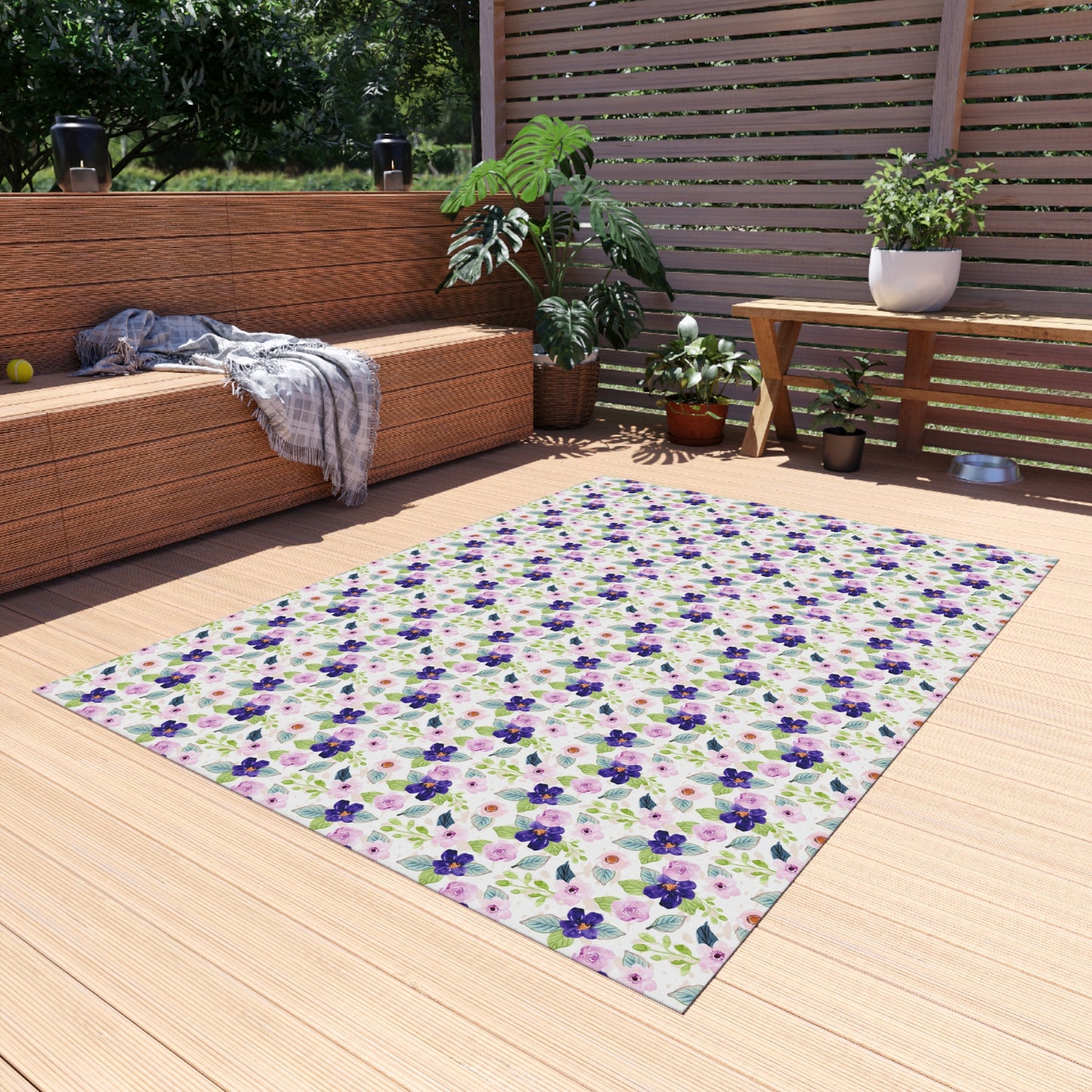 Floral Pansy Outdoor Rug — Purple Garden Patio Mat