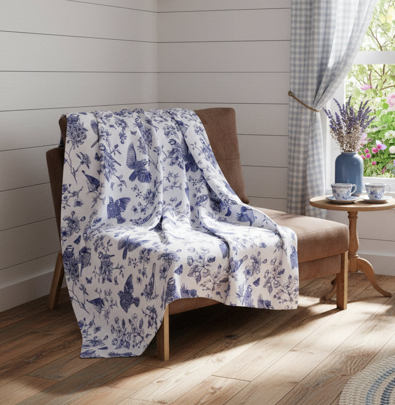 Floral Bluebird Toile Arctic Fleece Blanket
