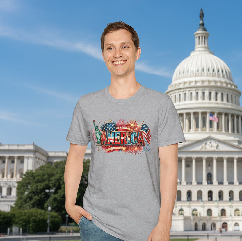 America T-Shirt — USA Flag, Fireworks & Statue of Liberty Design