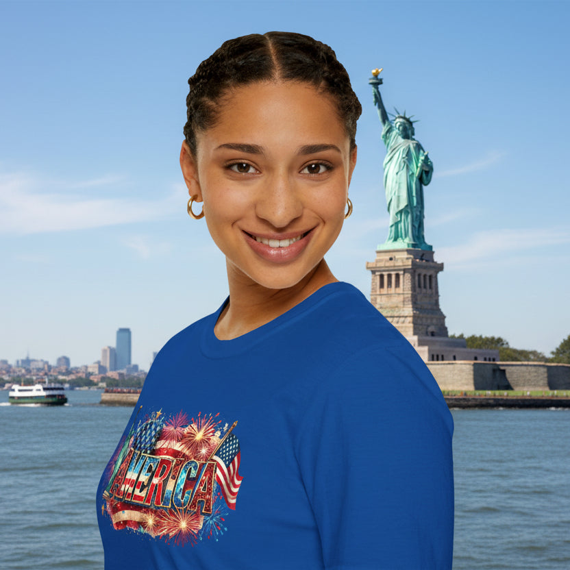 America T-Shirt — USA Flag, Fireworks & Statue of Liberty Design