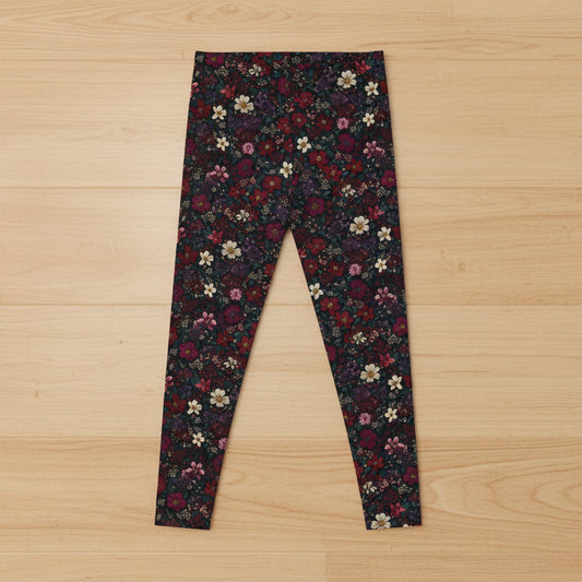 Floral-patterned leggings on a wood background