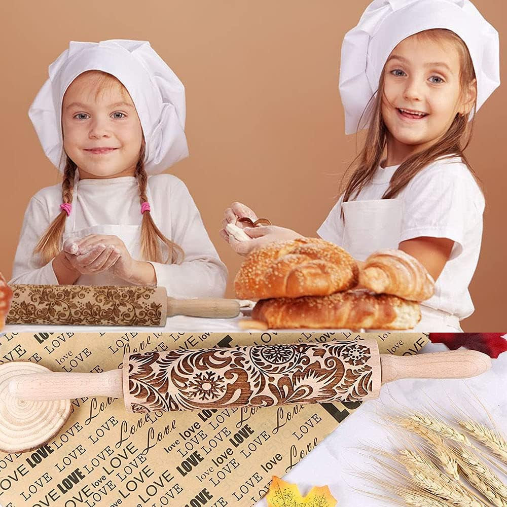 Embossed Rolling Pins Christmas Rolling Pin,3D Paisley Pattern Flower Snowflake Rattan Wooden Roll Pin Laser Engraved Rolling Pin DIY Tool for Kids and Adults to Make Cookie Dough (35 * 5)
