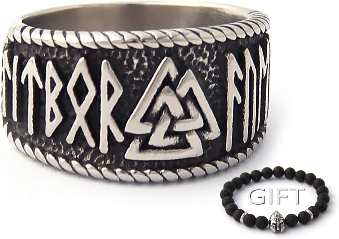 Valknut Symbol Ring with Rune Letters 316L Stainless Steel Norse Scandinavian Viking Jewelry