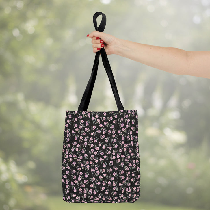 Pink Floral Black Tote Bag