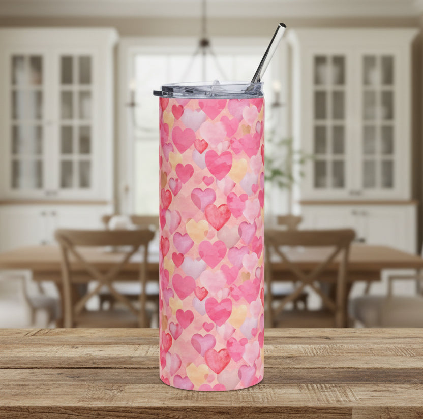 20oz Pink Watercolor Hearts Tumbler — Stainless Steel Insulated Travel Cup for Valentine’s Day