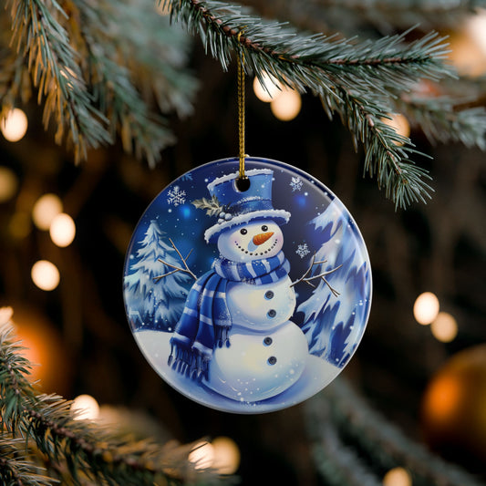 Blue Winter Snowman Ceramic Ornament
