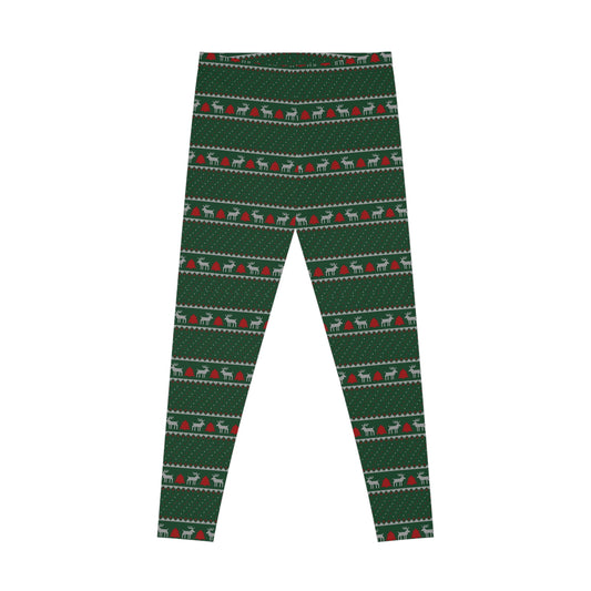 Christmas Reindeer Fair Isle Leggings — Green Holiday All-Over Print