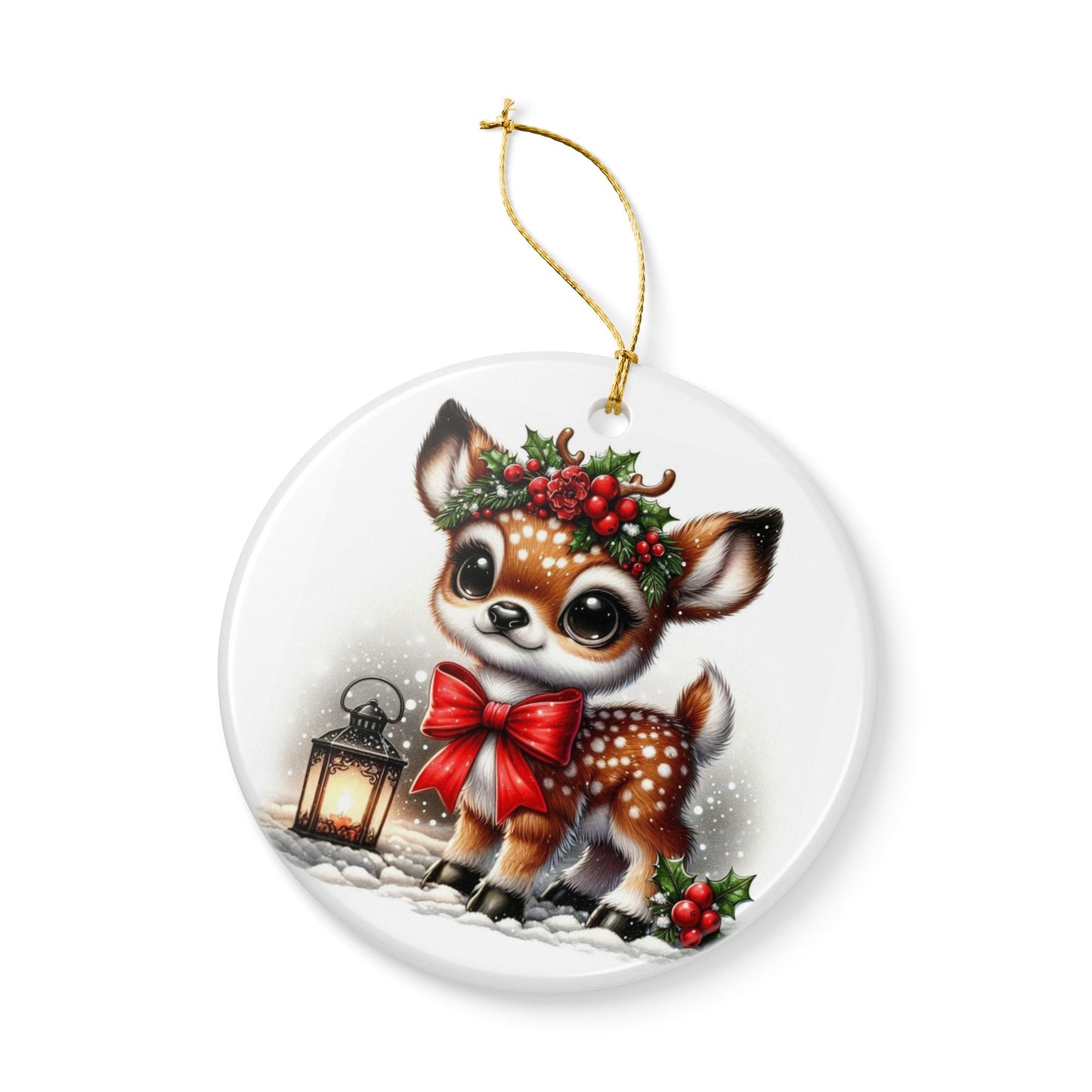 Hollyberry Fawn Ceramic Christmas Ornament