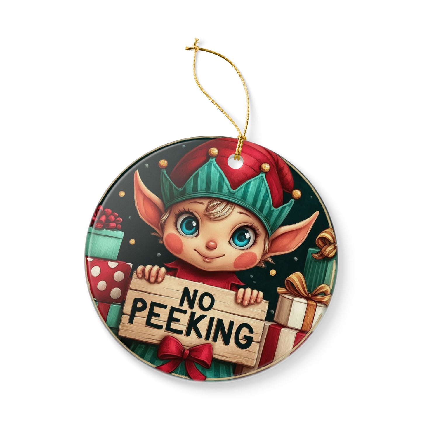No Peeking Elf Ceramic Christmas Ornament