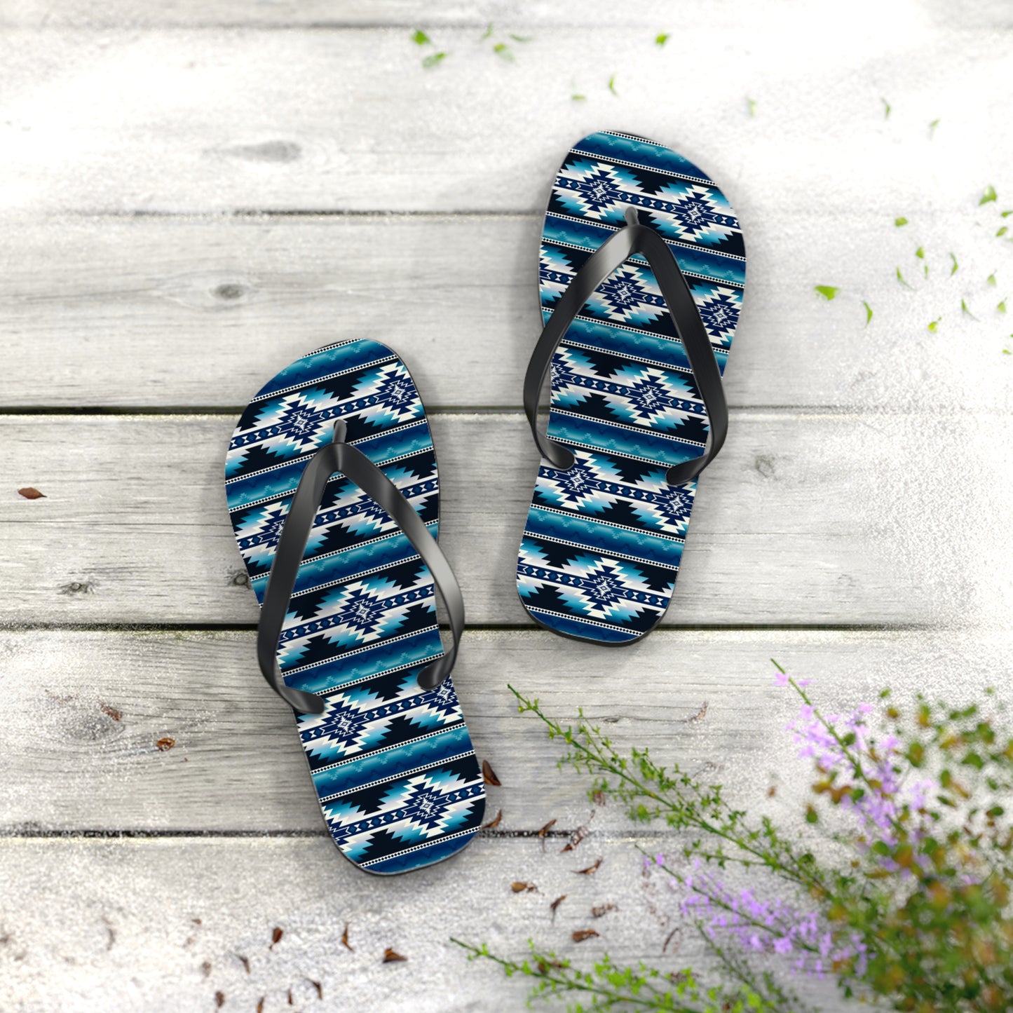 Southwest Aztec Pattern Flip Flops — Blue Tribal Summer Sandals