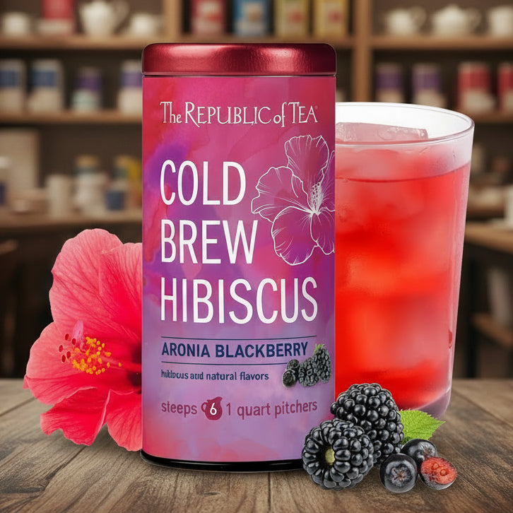 The Republic of Tea Cold Brew Hibiscus Aronia Blackberry Iced Tea, 6 Ct | Herbal Tea, Caffeine Free, Cold Brew Hibiscus with Dark Berry Flavor, Rosehips and Aronia Berry Bits