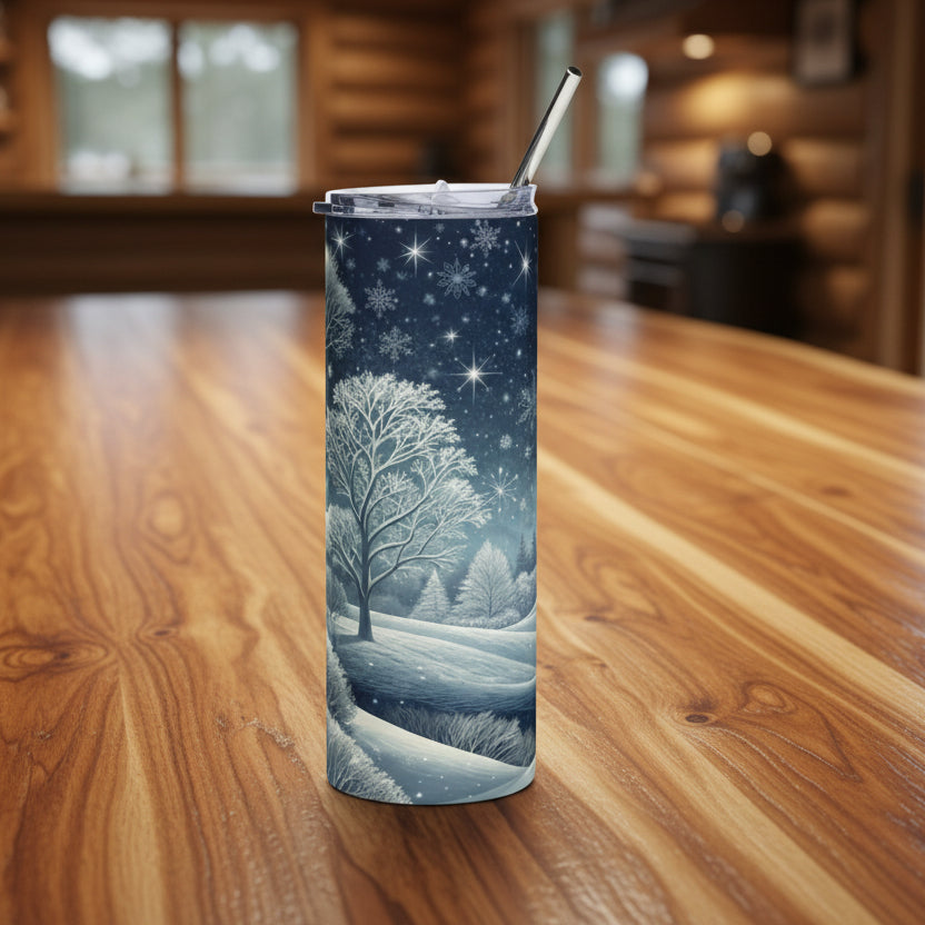 Tumbler with a winter landscape design featuring trees and snowflakes on a wood background.