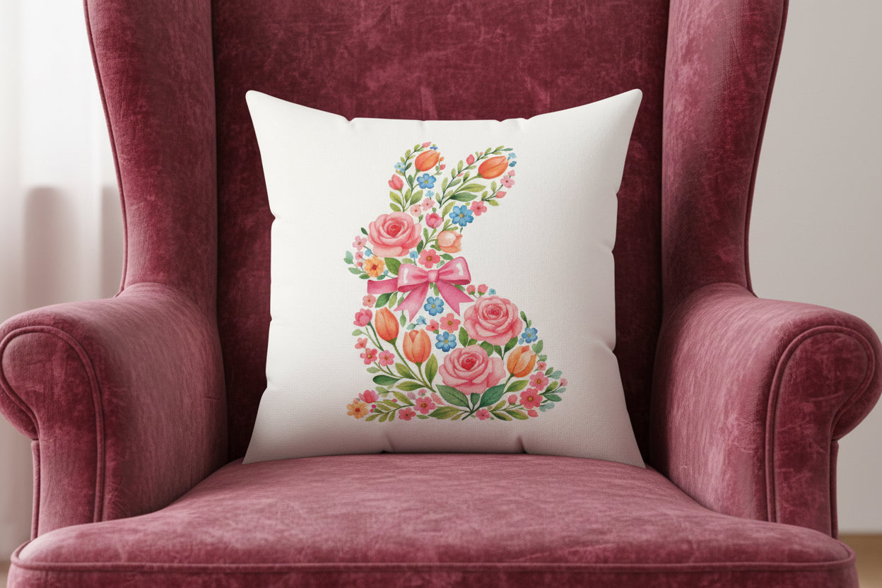 Floral Bunny Faux Suede Pillow