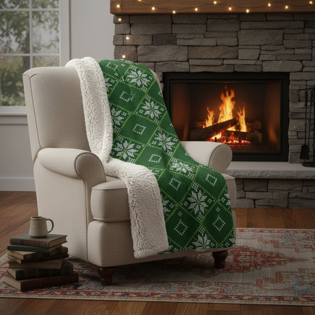 Green Snowflake Sherpa Fleece Blanket