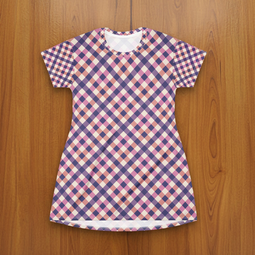 Plaid T-Shirt Dress — Pink & Purple Checked All-Over Print