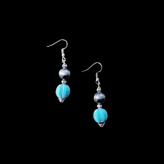 Western Blue Turquoise W/ Silver Bead Drop Earring