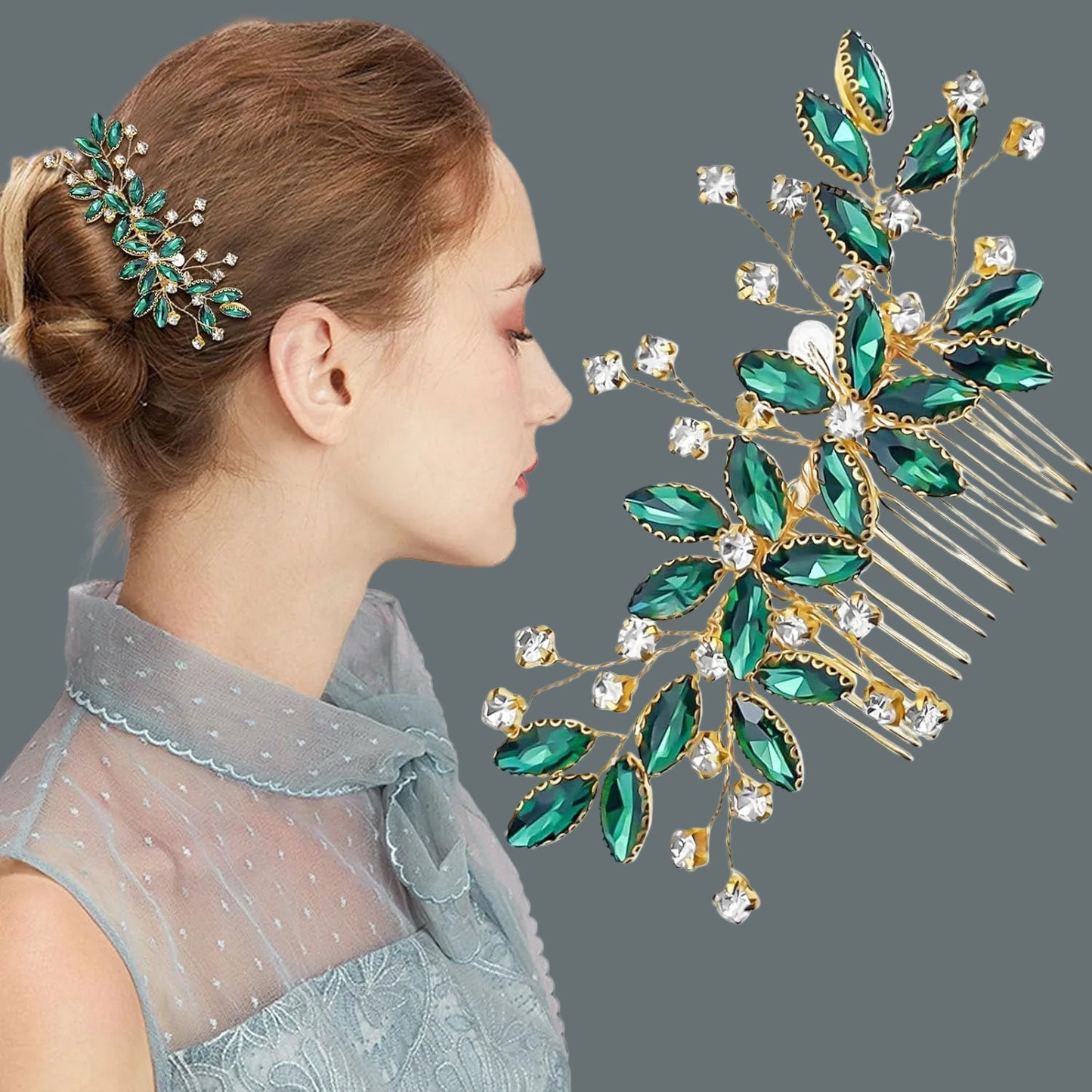 Green Crystal Bride Wedding Hair Side Comb Green Leaf Rhinestone Gold Hair Vine Rhinestone Bride Headpiece Jewelry Wedding Hair Accessories for Women