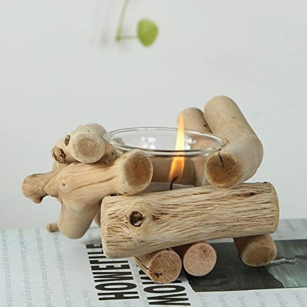 Handmade Wooden Tea Light Candle Holder with Glass Cup Rustic Country Coastal Style for Farmhouse Home Decoration Home Altar Decoration Holiday Wedding Decoration