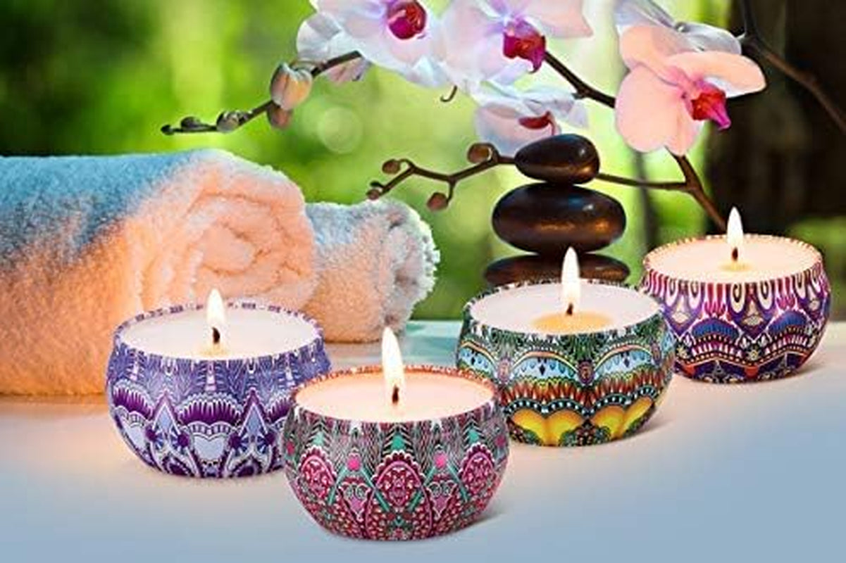 Scented Candles Gift Set Lavender Rose Gardenia and Lilac, Natural Soy Wax with Floral Essential Oil Travel Tin Candles Use for Aromatherapy Stress Relax, Home Decor, Yoga Meditation Reiki, Pack 4