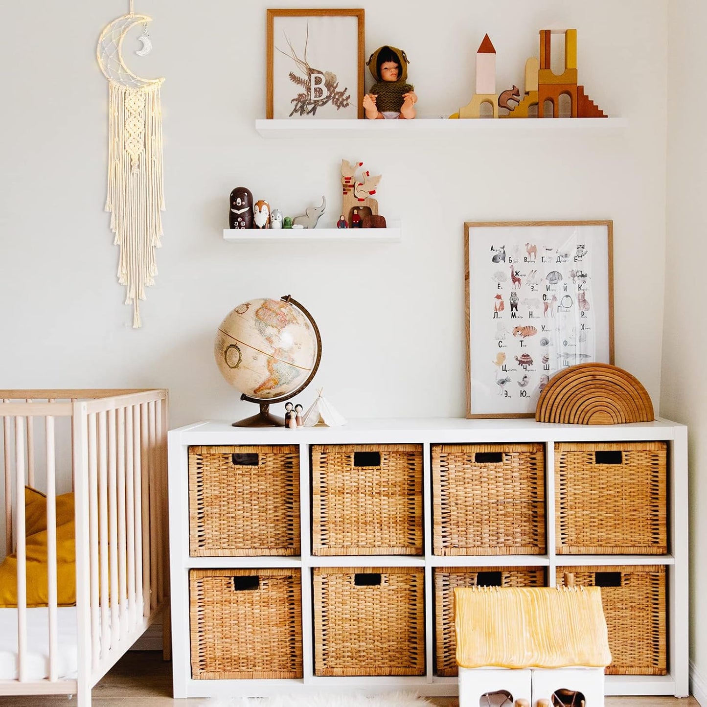 Boho Macrame Woven Wall Hanging, Crochet Crescent Moon Star Dream Catcher with Long Tassel- White Cotton Handmade Bohemian Nursery Decor Decoration Art Craft for Kids Bedroom Dorm Room