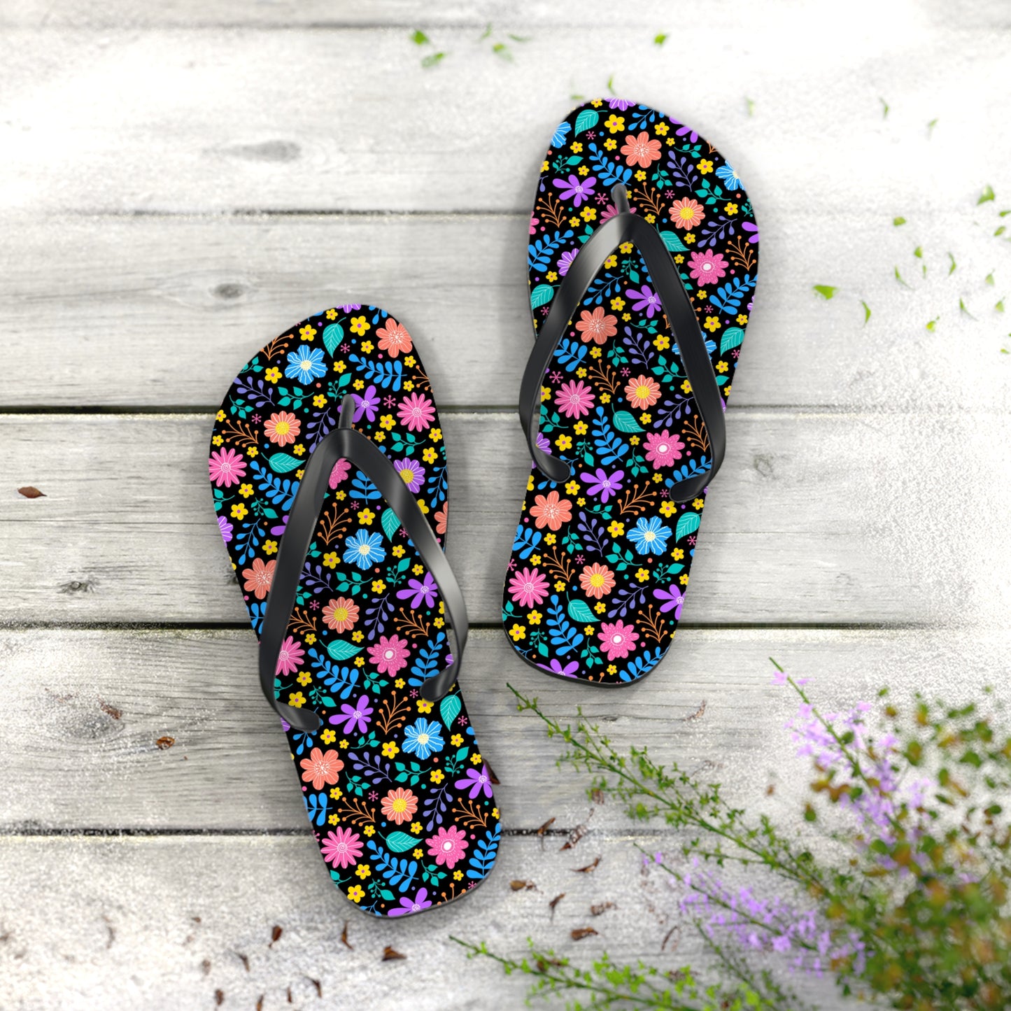 Floral Pattern Flip Flops — Bright Spring Garden Beach Sandals