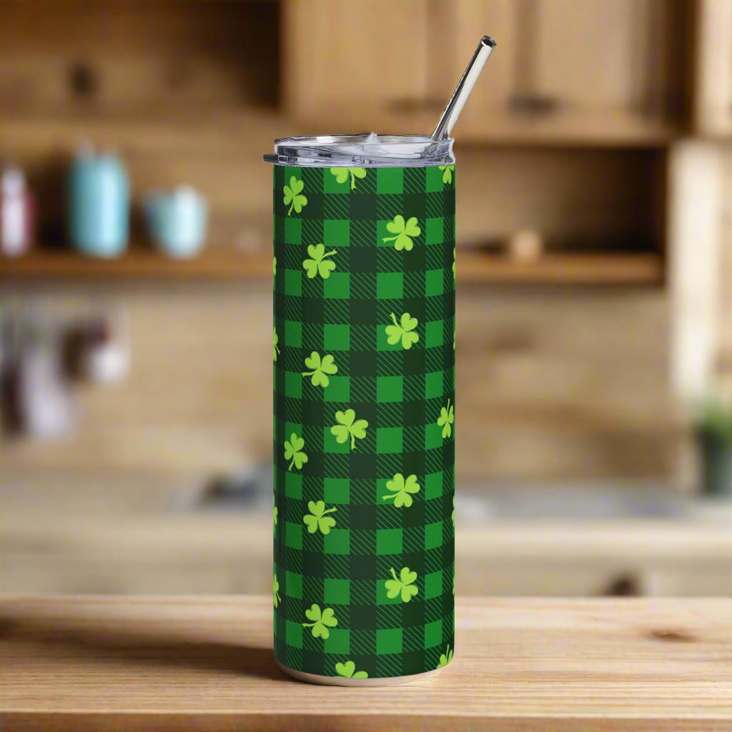 Green Plaid Shamrock 20oz Stainless Steel Cup