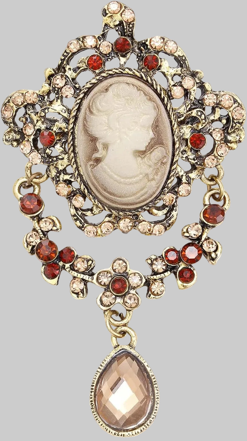 Vintage Elegant Victorian Lady Beauty Cameo with Crystal Brooch Pin (Br000017)