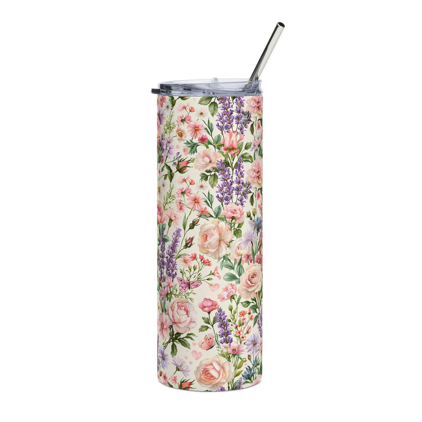 Cottage Garden 20oz Stainless Steel Tumbler — Pink Rose & Lavender Travel Cup