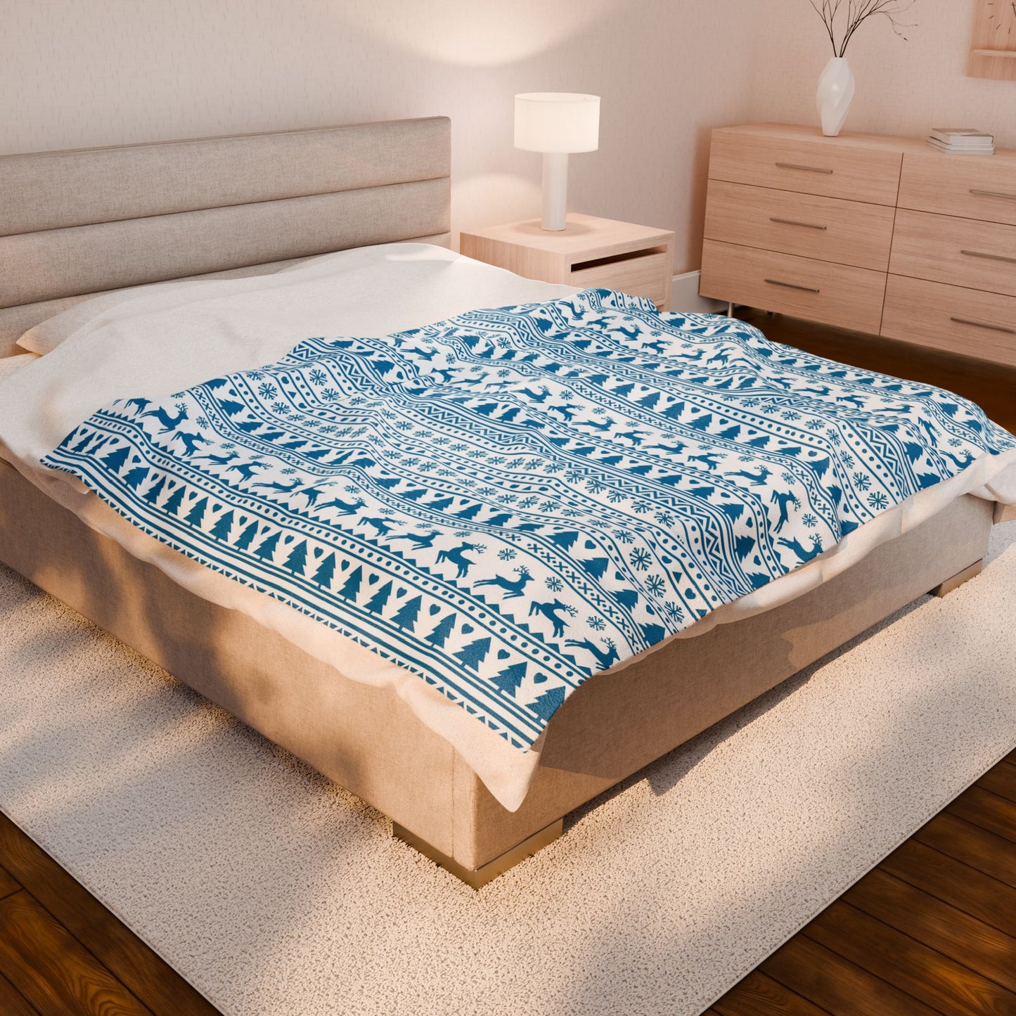 Blue Nordic Reindeer Fair Isle Velveteen Throw