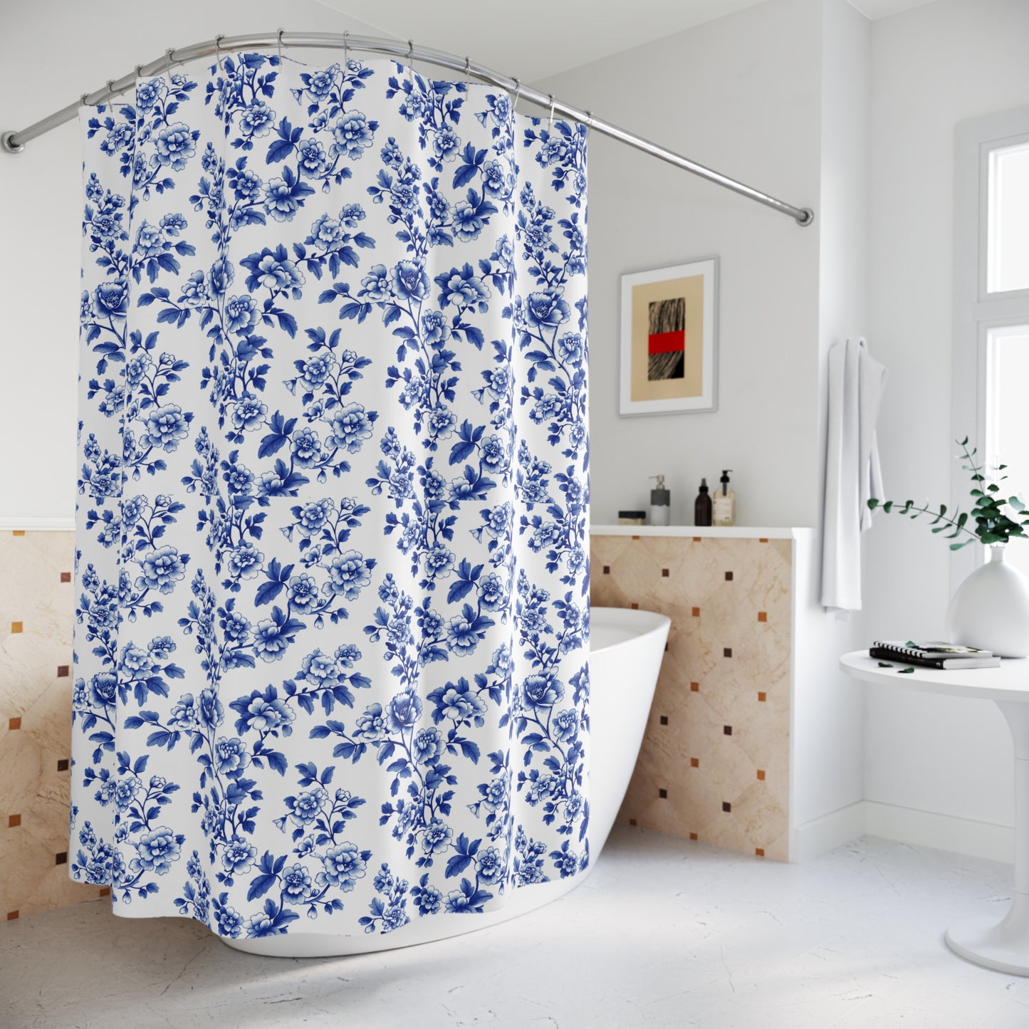 Blue Floral Toile Shower Curtain