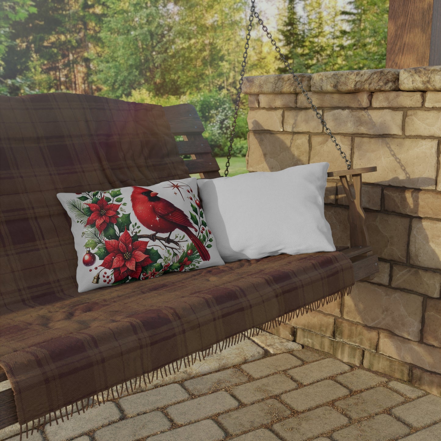 Cardinal & Poinsettia Outdoor Pillow