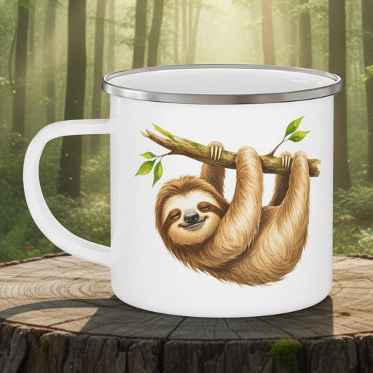 Enamel Camping Mug – Cute Sloth Hanging on Branch | Funny Outdoor Coffee Cup