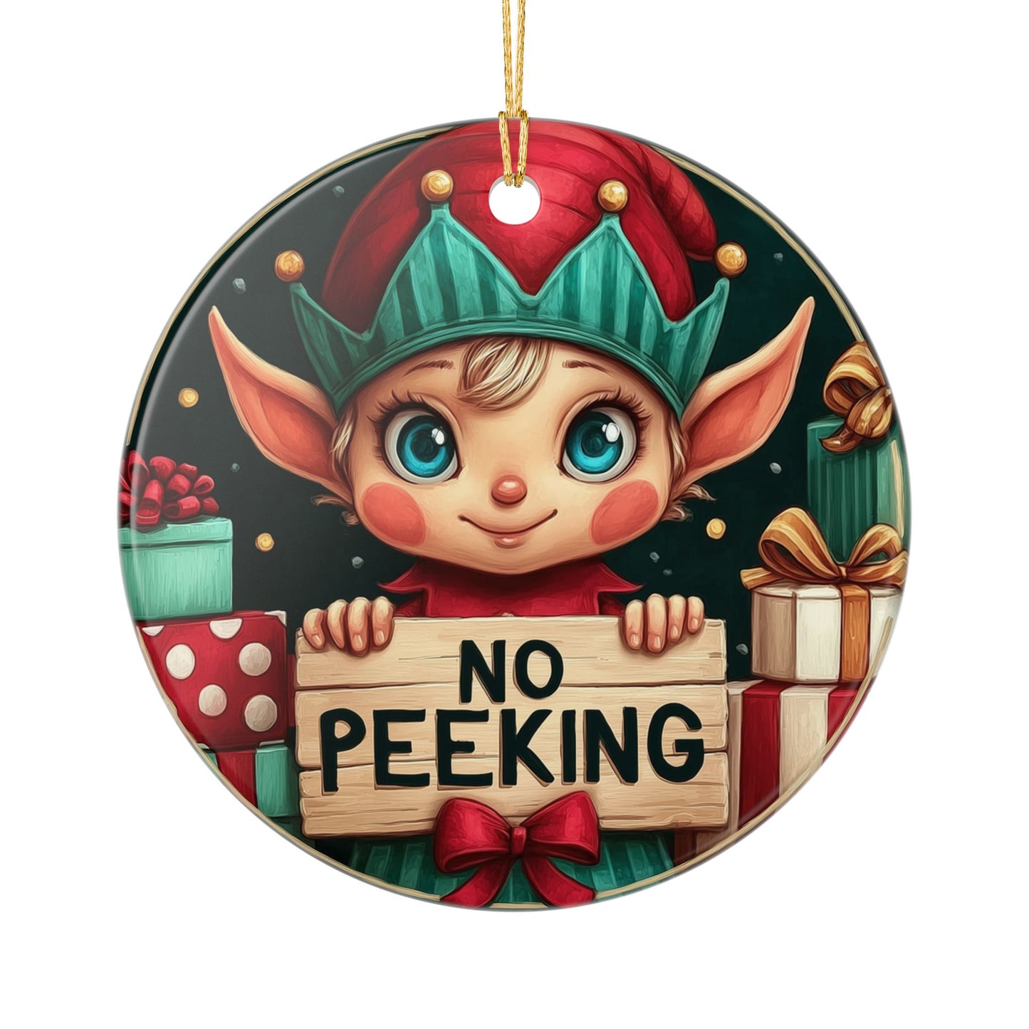 No Peeking Elf Ceramic Christmas Ornament