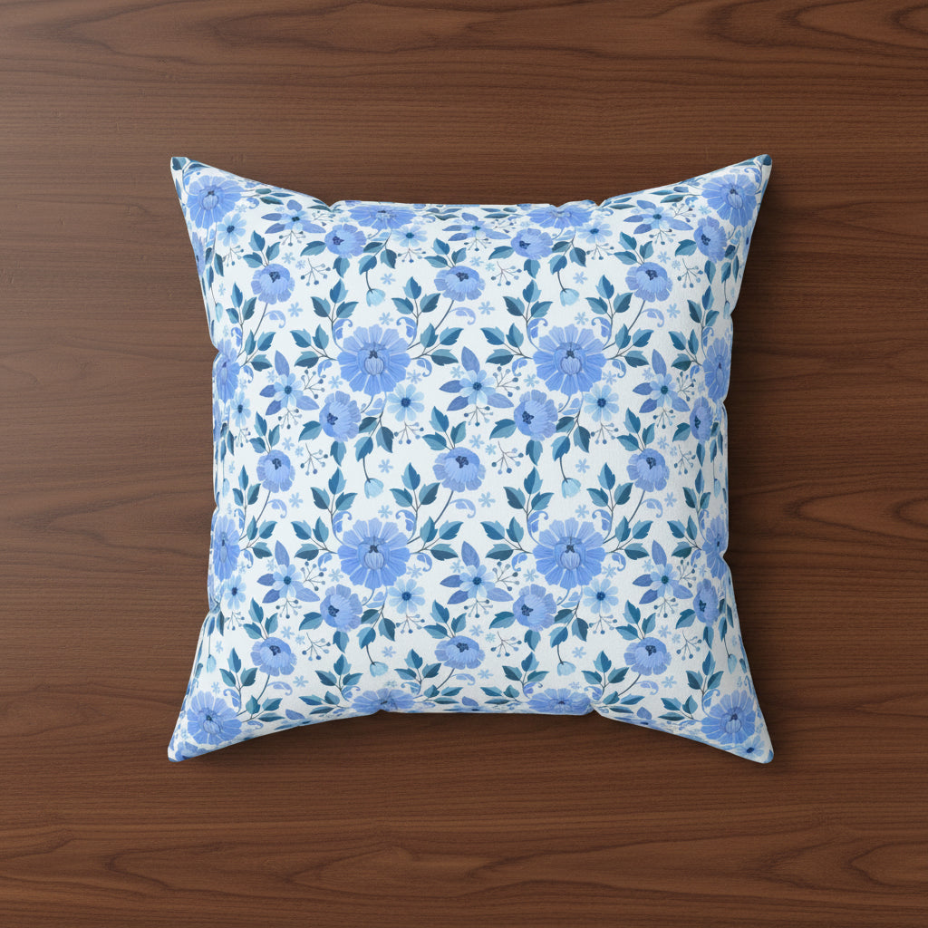 Blue Floral Faux Suede Pillow