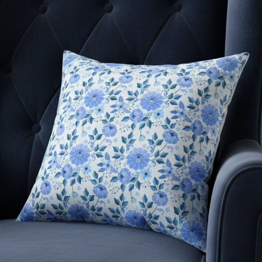 Blue Floral Faux Suede Pillow