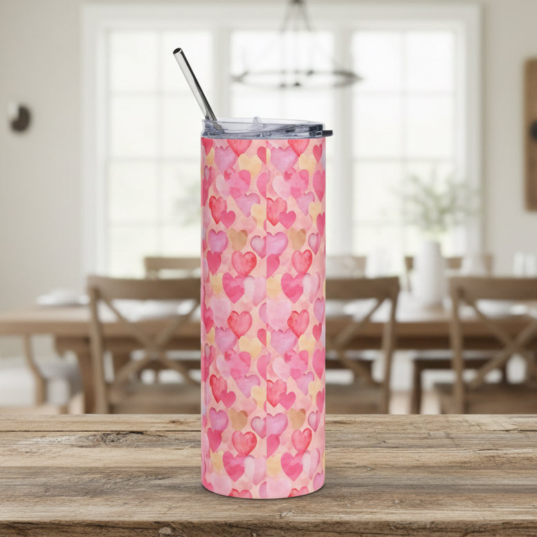 20oz Pink Watercolor Hearts Tumbler — Stainless Steel Insulated Travel Cup for Valentine’s Day